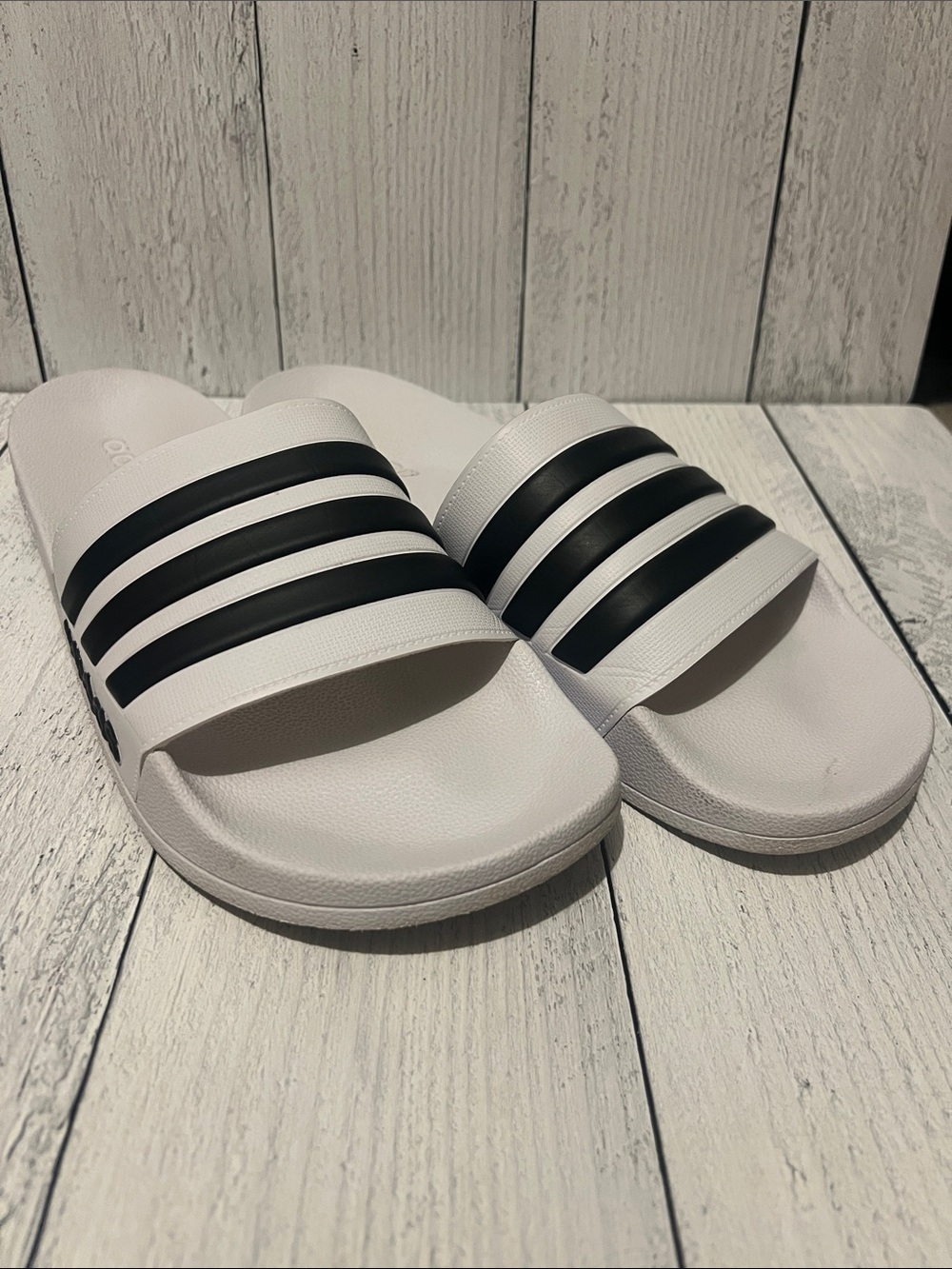 Adidas White Slide Sandals with Black Stripes - Classic Slip-On - Picture 2 of 7
